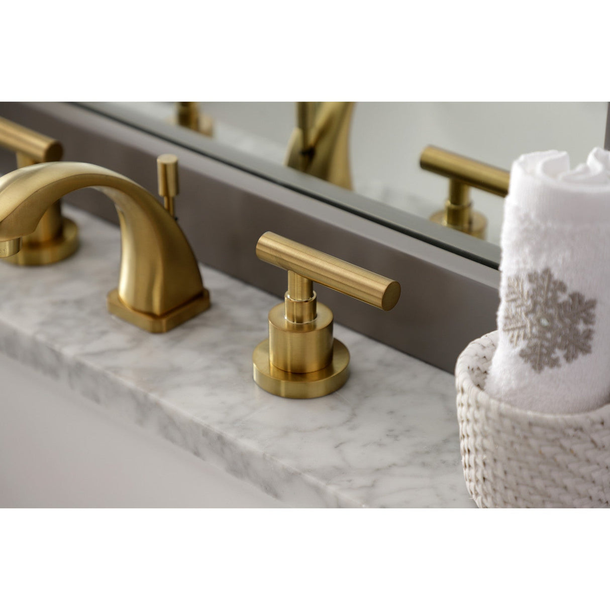 Manhattan KS4947CML Two-Handle 3-Hole Deck Mount Widespread Bathroom Faucet with Brass Pop-Up, Brushed Brass