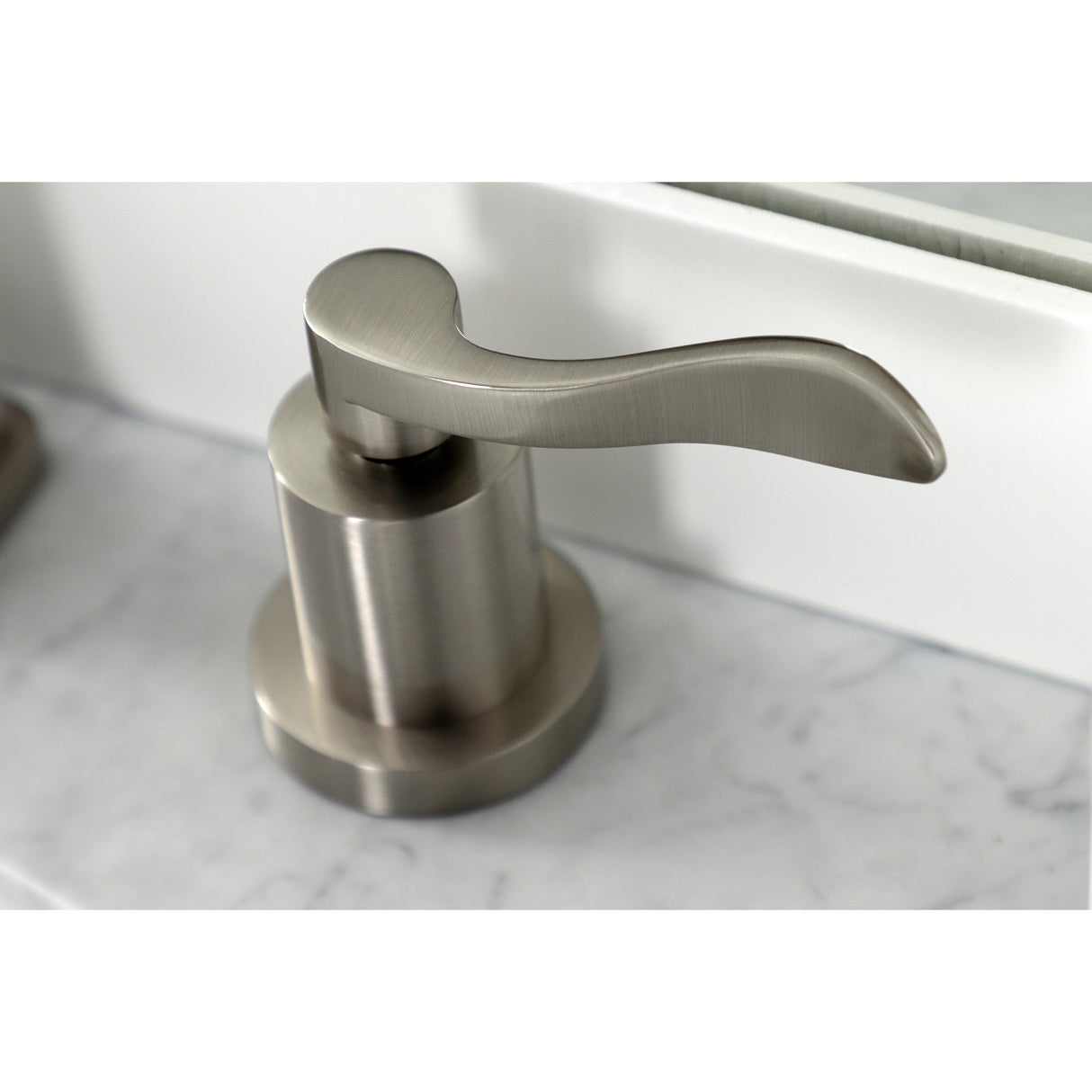 NuWave KS4948DFL Two-Handle 3-Hole Deck Mount Widespread Bathroom Faucet with Brass Pop-Up, Brushed Nickel