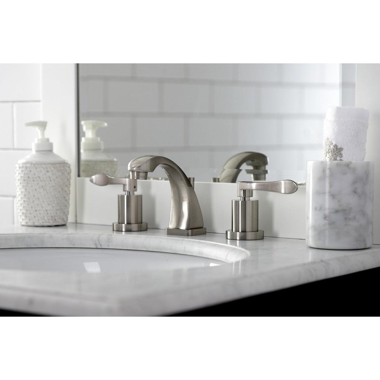 NuWave KS4948DFL Two-Handle 3-Hole Deck Mount Widespread Bathroom Faucet with Brass Pop-Up, Brushed Nickel