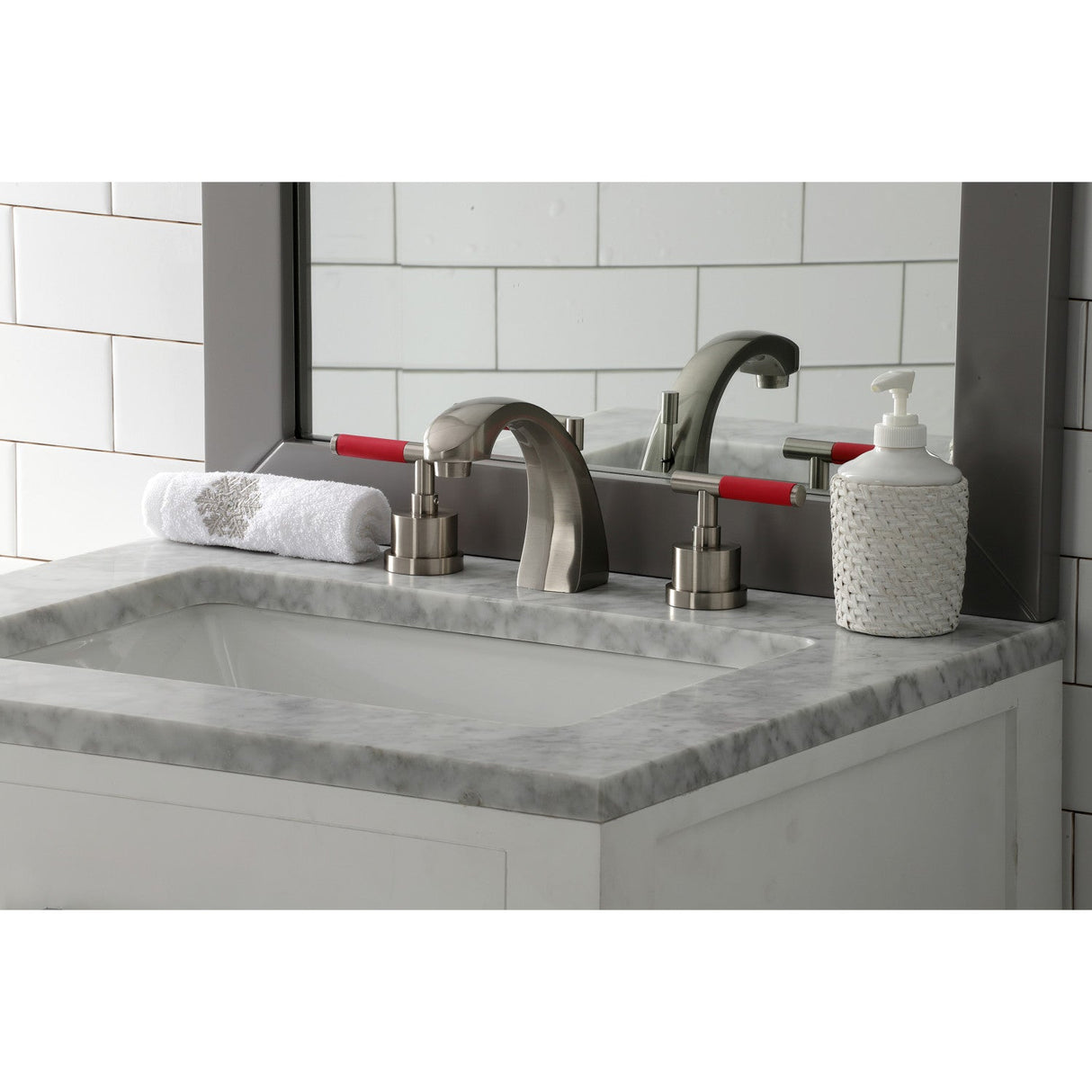 Kaiser KS4988CKL Two-Handle Deck Mount Widespread Bathroom Faucet with Brass Pop-Up, Brushed Nickel