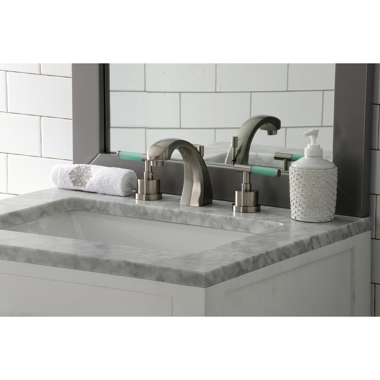 Kaiser KS4988CKL Two-Handle Deck Mount Widespread Bathroom Faucet with Brass Pop-Up, Brushed Nickel