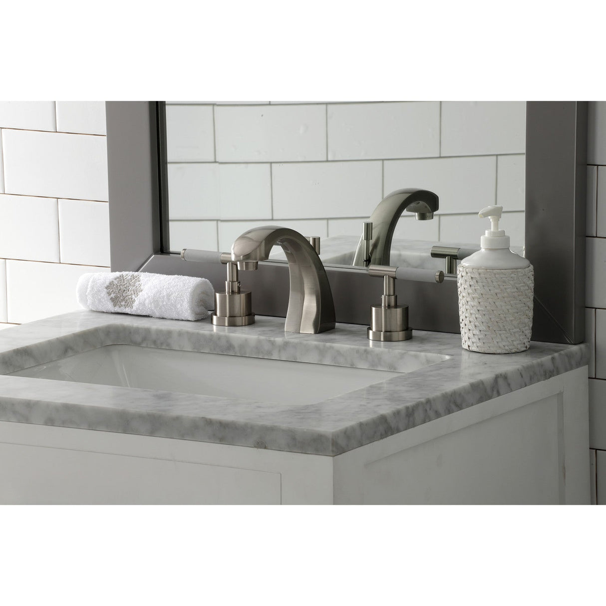 Kaiser KS4988CKL Two-Handle Deck Mount Widespread Bathroom Faucet with Brass Pop-Up, Brushed Nickel