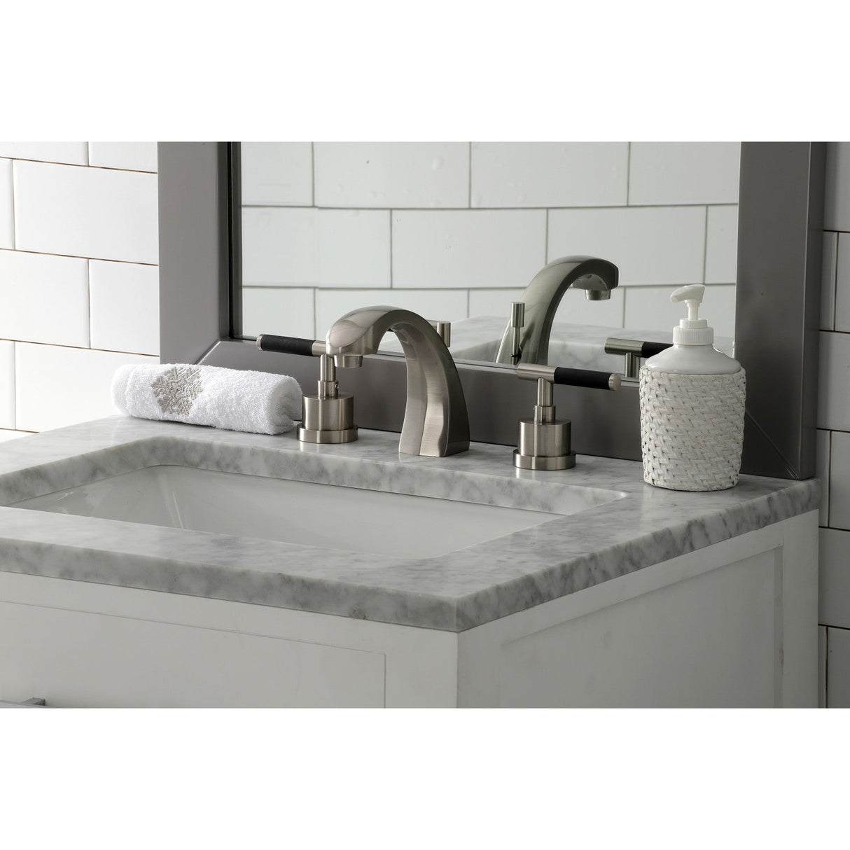 Kaiser KS4988CKL Two-Handle Deck Mount Widespread Bathroom Faucet with Brass Pop-Up, Brushed Nickel