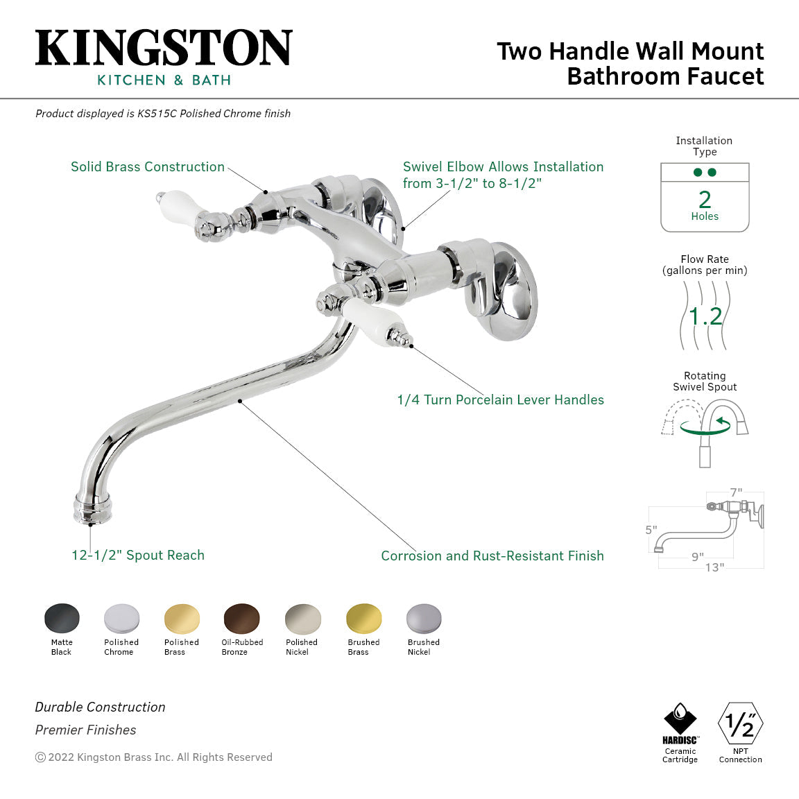 Kingston KS515MB Two-Handle 2-Hole Wall Mount Bathroom Faucet, Matte Black