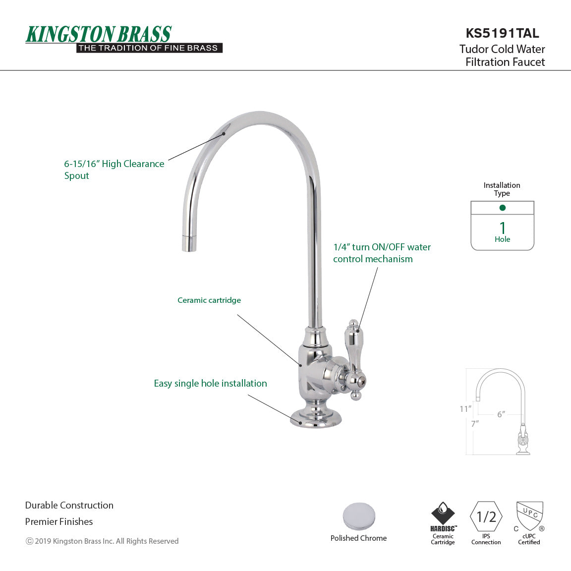 Tudor KS5191TAL Single-Handle 1-Hole Deck Mount Water Filtration Faucet, Polished Chrome