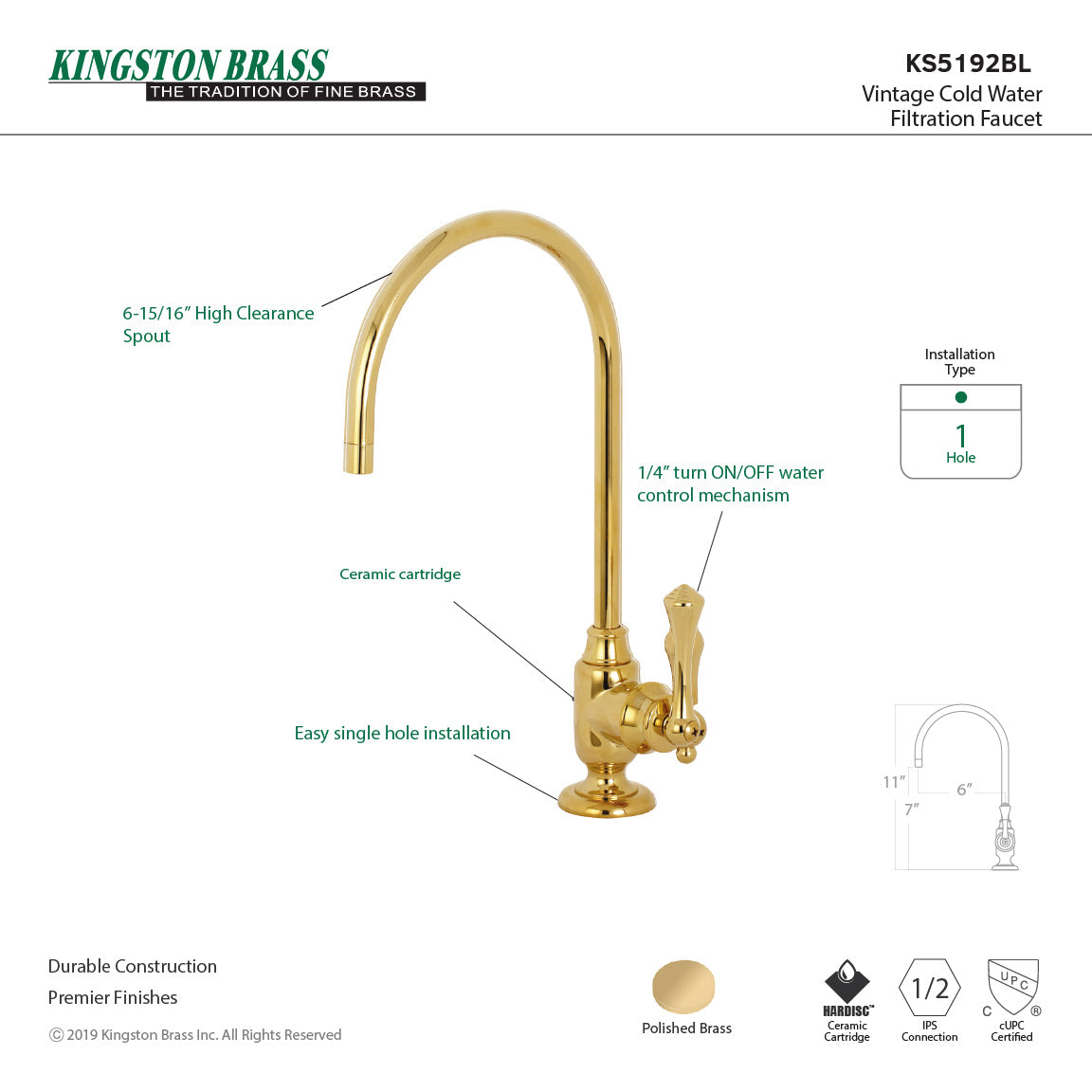 Vintage KS5192BL Single-Handle 1-Hole Deck Mount Water Filtration Faucet, Polished Brass