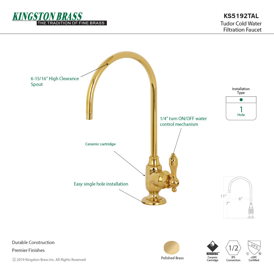 Tudor KS5192TAL Single-Handle 1-Hole Deck Mount Water Filtration Faucet, Polished Brass
