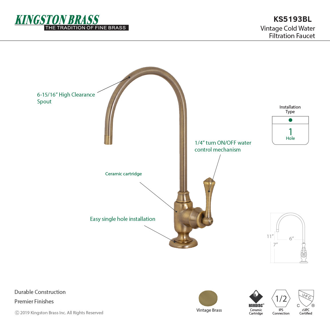 Vintage KS5193BL Single-Handle 1-Hole Deck Mount Water Filtration Faucet, Antique Brass