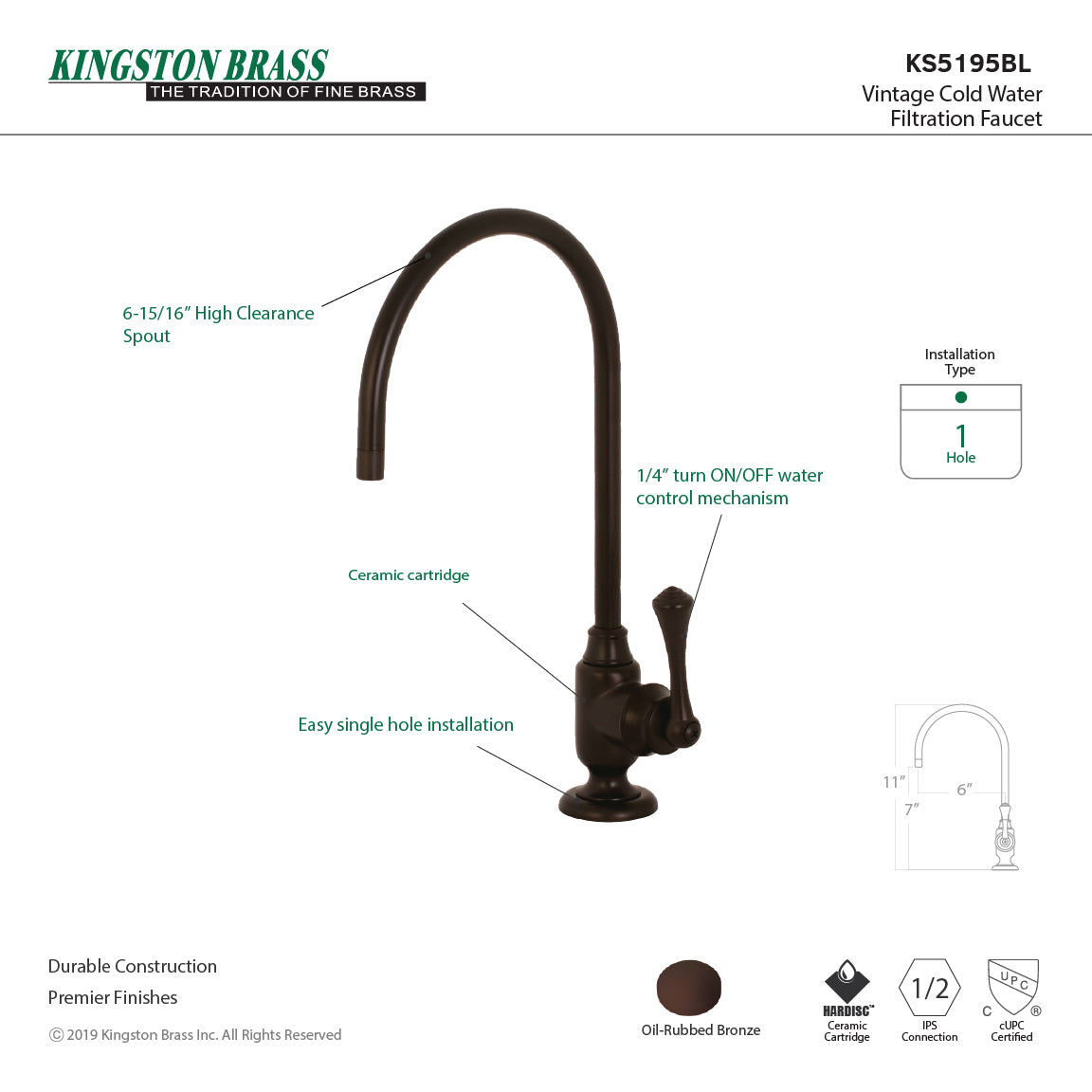 Vintage KS5195BL Single-Handle 1-Hole Deck Mount Water Filtration Faucet, Oil Rubbed Bronze