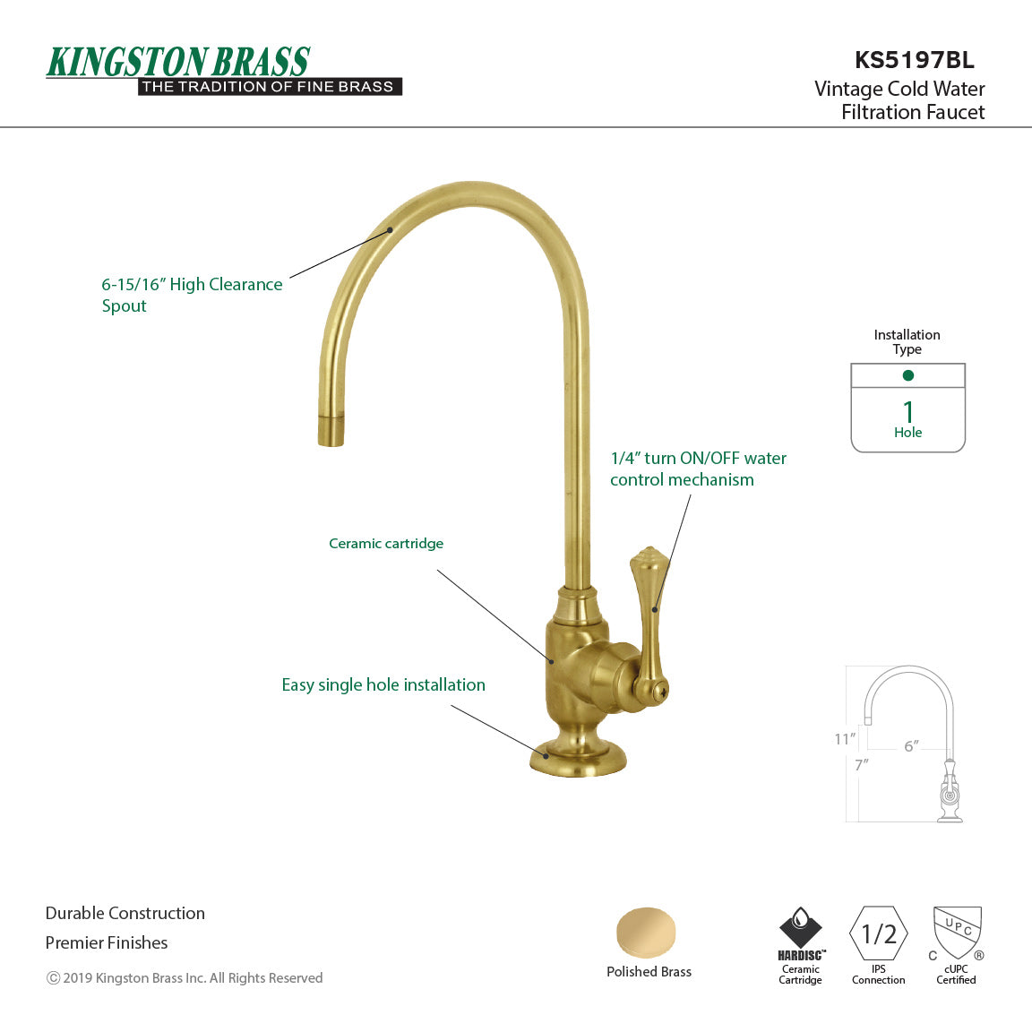Vintage KS5197BL Single-Handle 1-Hole Deck Mount Water Filtration Faucet, Brushed Brass