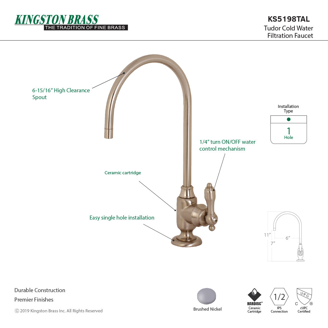 Tudor KS5198TAL Single-Handle 1-Hole Deck Mount Water Filtration Faucet, Brushed Nickel