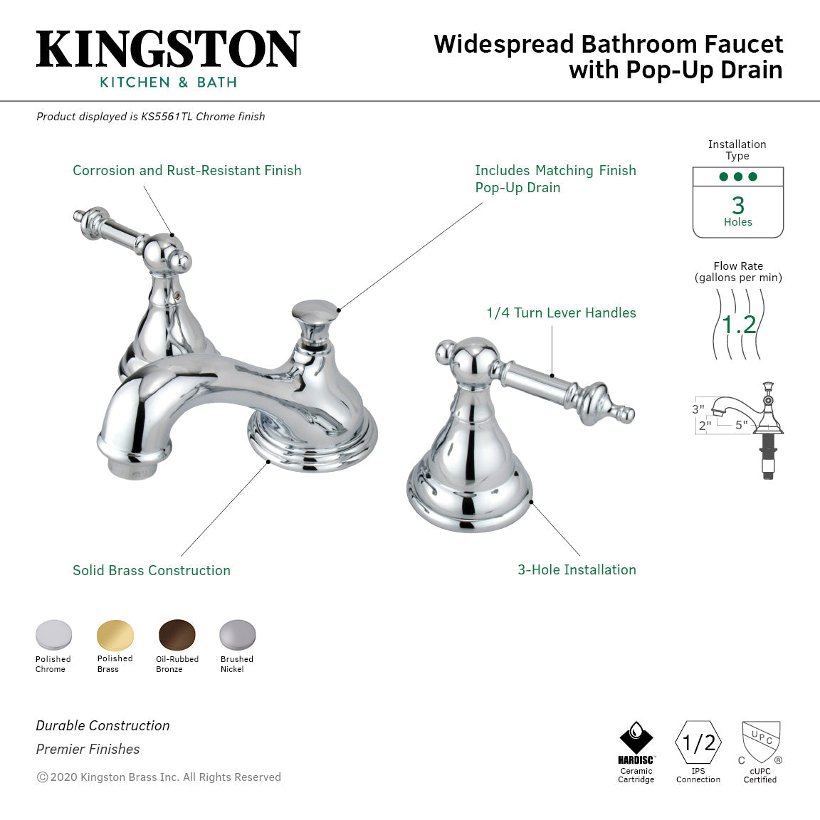 KS5562TL Two-Handle 3-Hole Deck Mount Widespread Bathroom Faucet with Brass Pop-Up, Polished Brass