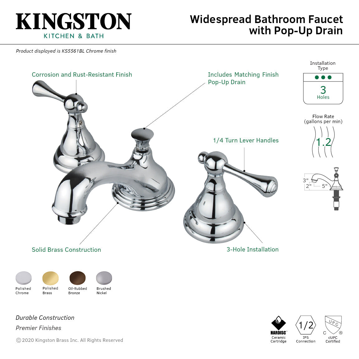 KS5565BL Two-Handle 3-Hole Deck Mount Widespread Bathroom Faucet with Brass Pop-Up, Oil Rubbed Bronze