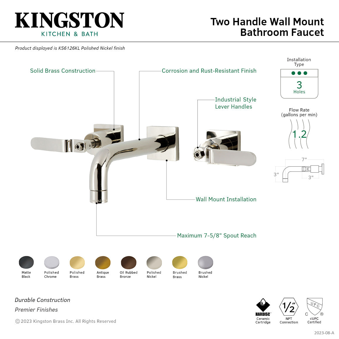 Whitaker KS6122KL Two-Handle 3-Hole Wall Mount Bathroom Faucet, Polished Brass