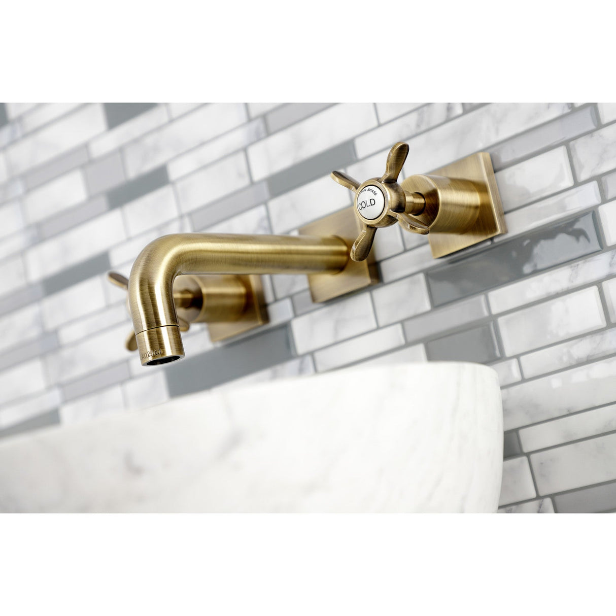 Essex KS6123BEX Two-Handle 3-Hole Wall Mount Bathroom Faucet, Antique Brass