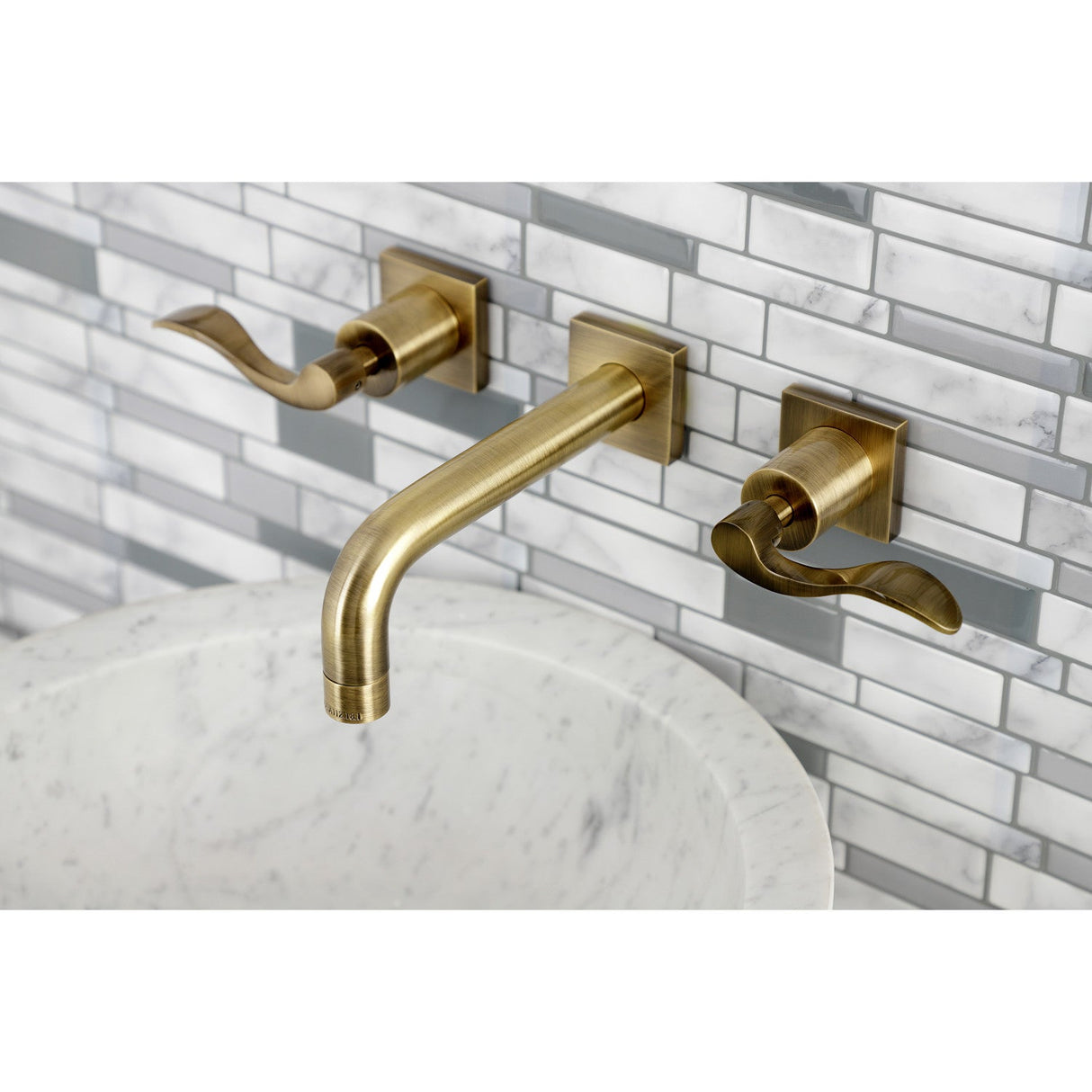 NuWave KS6123DFL Two-Handle 3-Hole Wall Mount Bathroom Faucet, Antique Brass