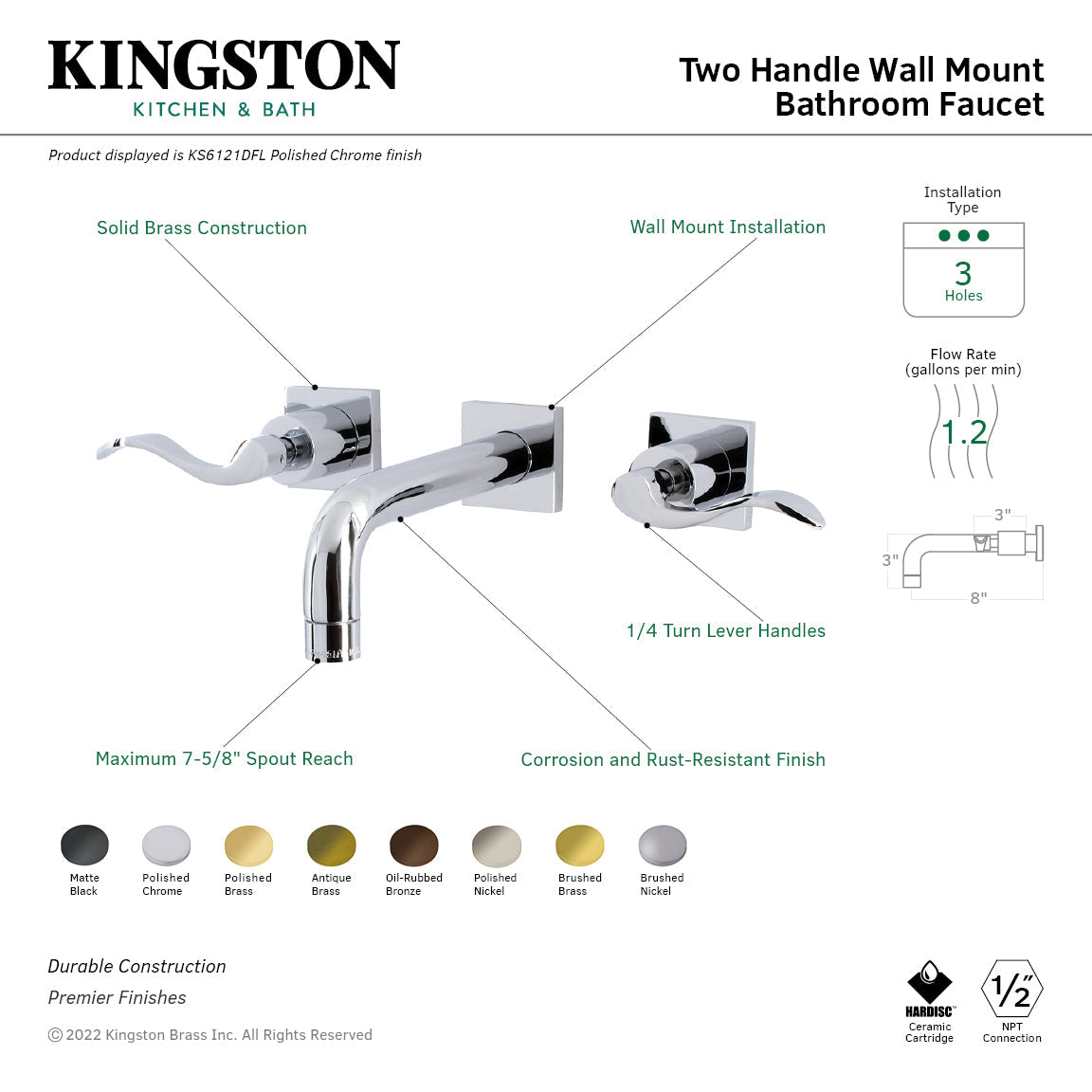NuWave KS6126DFL Two-Handle 3-Hole Wall Mount Bathroom Faucet, Polished Nickel