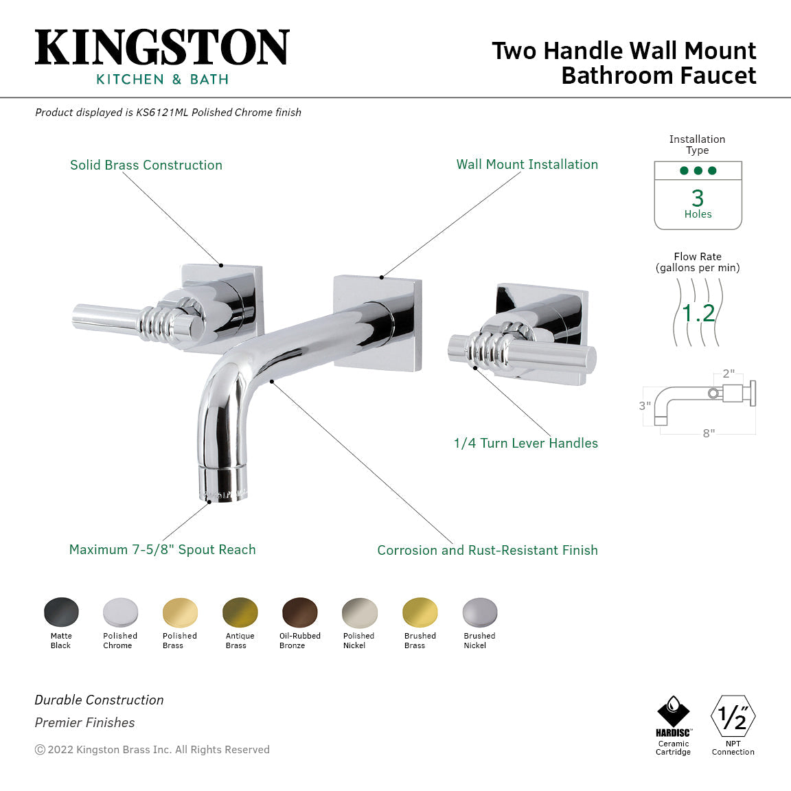 Milano KS6126ML Two-Handle 3-Hole Wall Mount Bathroom Faucet, Polished Nickel