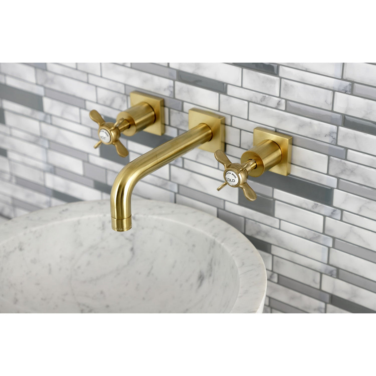 Essex KS6127BEX Two-Handle 3-Hole Wall Mount Bathroom Faucet, Brushed Brass