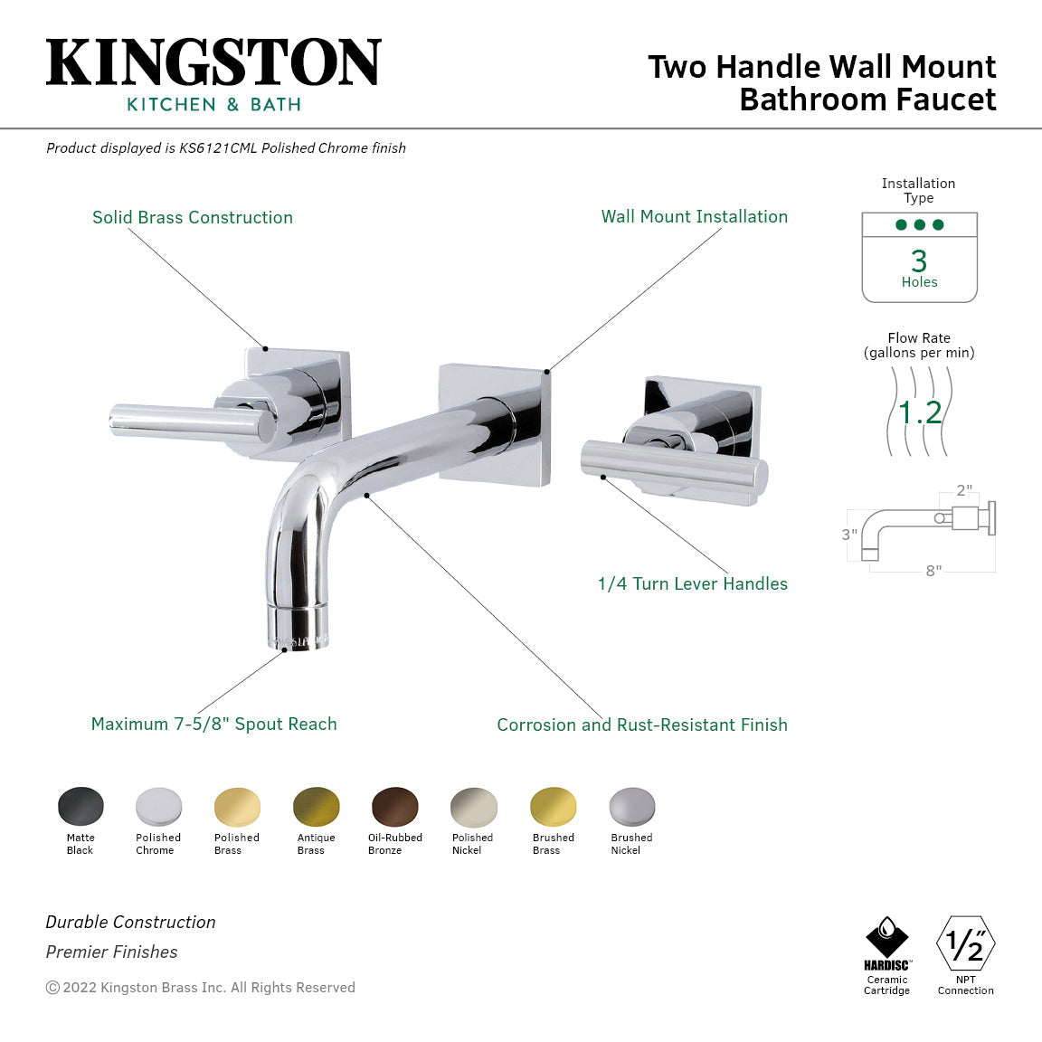 Manhattan KS6127CML Two-Handle 3-Hole Wall Mount Bathroom Faucet, Brushed Brass
