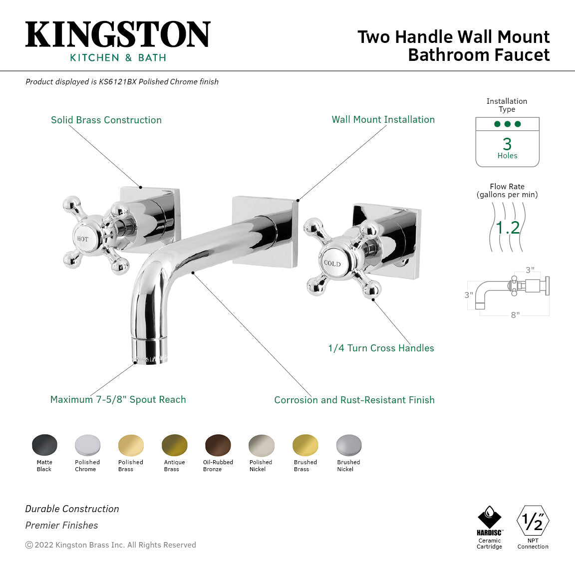 Metropolitan KS6128BX Two-Handle 3-Hole Wall Mount Bathroom Faucet, Brushed Nickel