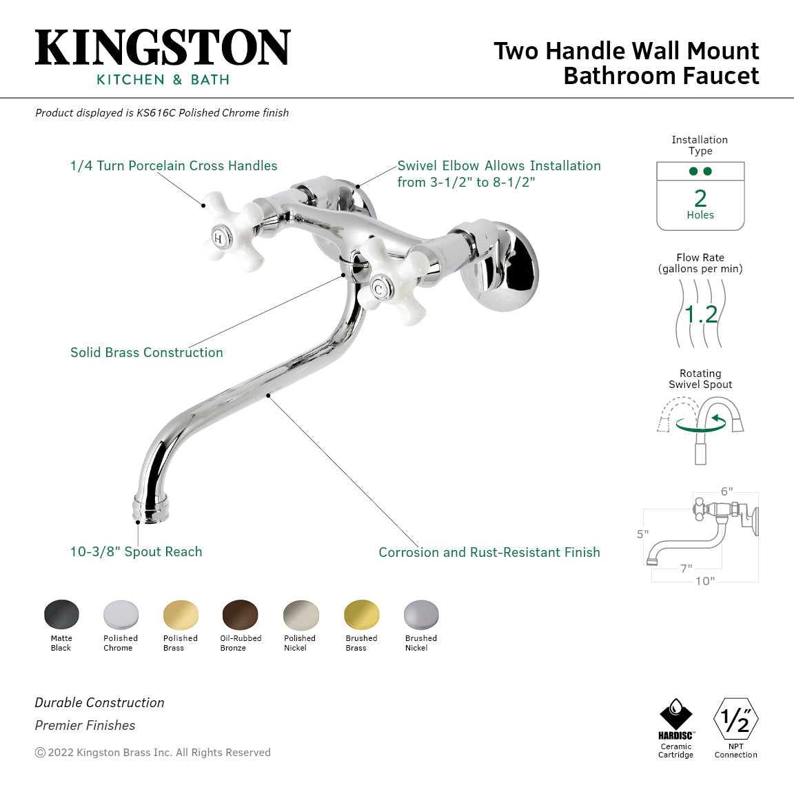 Kingston KS616SN Two-Handle 2-Hole Wall Mount Bathroom Faucet, Brushed Nickel