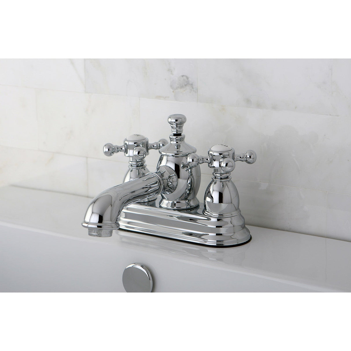 English Country KS7001BX Two-Handle 3-Hole Deck Mount 4" Centerset Bathroom Faucet with Brass Pop-Up, Polished Chrome