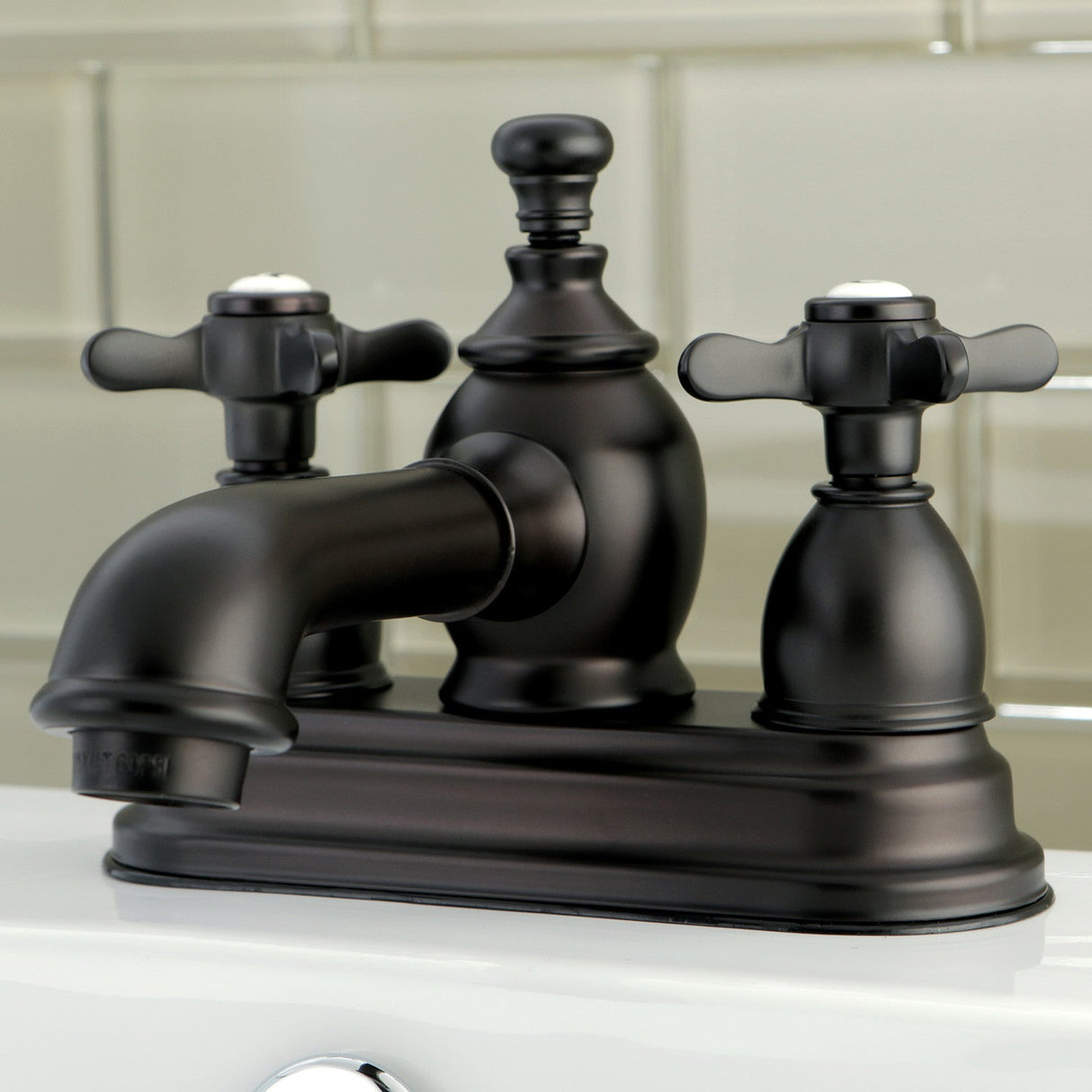 Essex KS7005BEX Two-Handle 3-Hole Deck Mount 4" Centerset Bathroom Faucet with Brass Pop-Up, Oil Rubbed Bronze