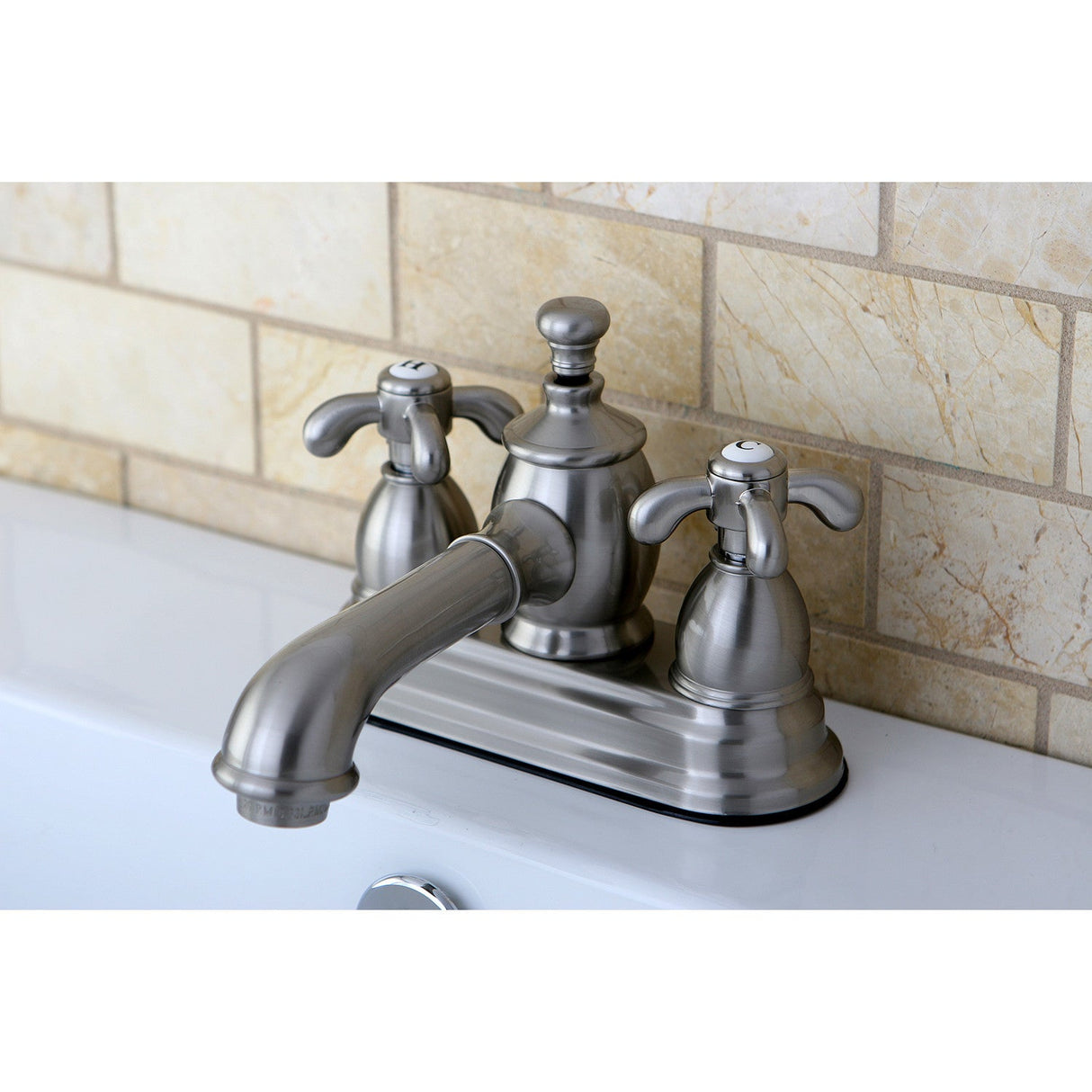 French Country KS7008TX Two-Handle 3-Hole Deck Mount 4" Centerset Bathroom Faucet with Brass Pop-Up, Brushed Nickel