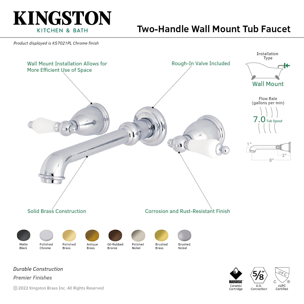 English Vintage KS7026PL Two-Handle 3-Hole Wall Mount Roman Tub Faucet, Polished Nickel