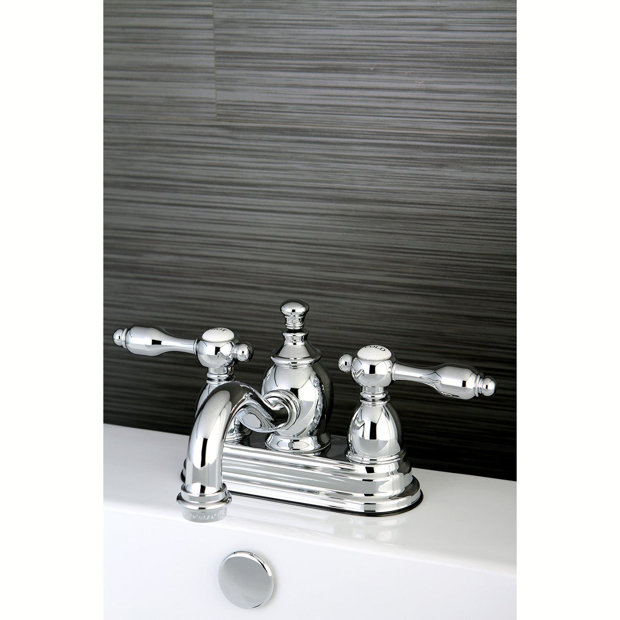Tudor KS7101TAL Two-Handle 3-Hole Deck Mount 4" Centerset Bathroom Faucet with Brass Pop-Up, Polished Chrome