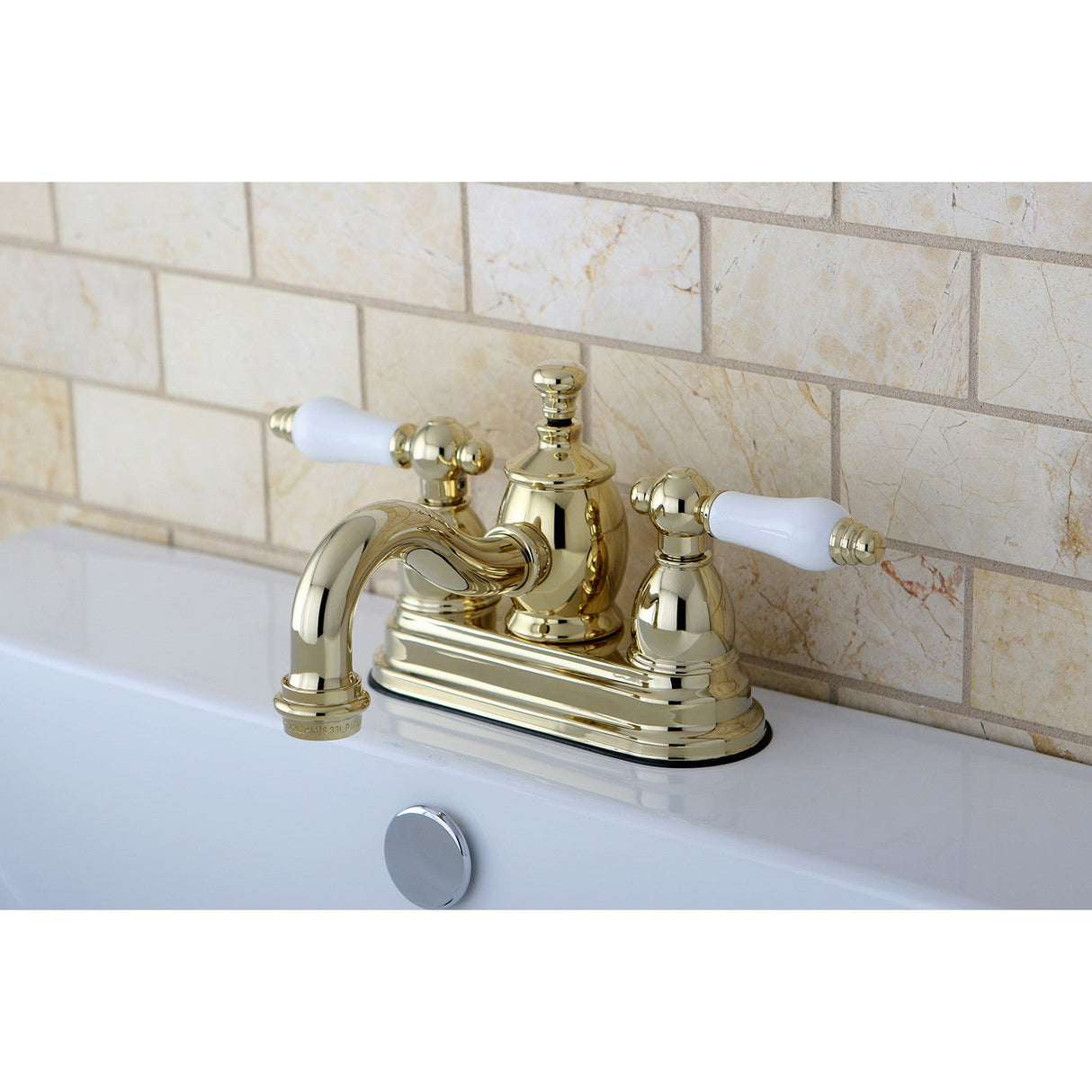 English Country KS7102PL Two-Handle 3-Hole Deck Mount 4" Centerset Bathroom Faucet with Brass Pop-Up, Polished Brass