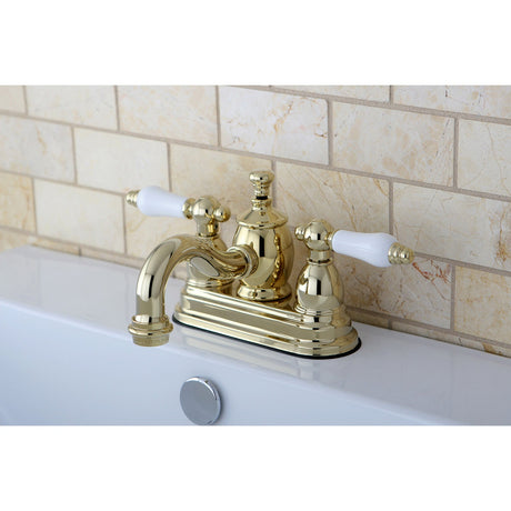 English Country KS7102PL Two-Handle 3-Hole Deck Mount 4" Centerset Bathroom Faucet with Brass Pop-Up, Polished Brass