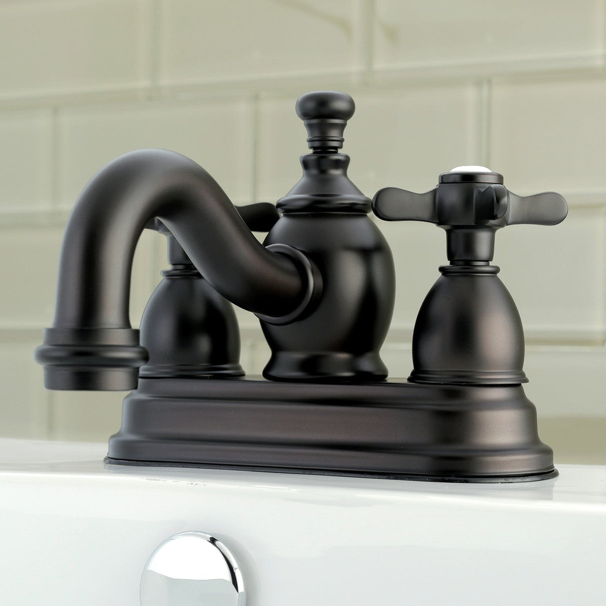 Essex KS7105BEX Two-Handle 3-Hole Deck Mount 4" Centerset Bathroom Faucet with Brass Pop-Up, Oil Rubbed Bronze