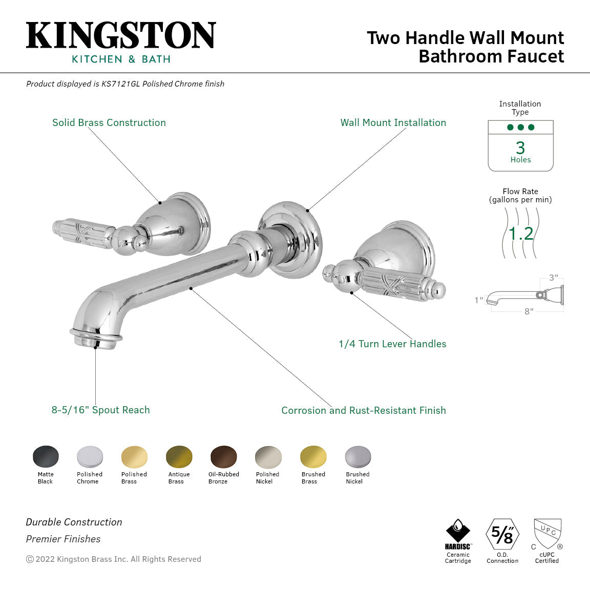 Georgian KS7120GL Two-Handle 3-Hole Wall Mount Bathroom Faucet, Matte Black
