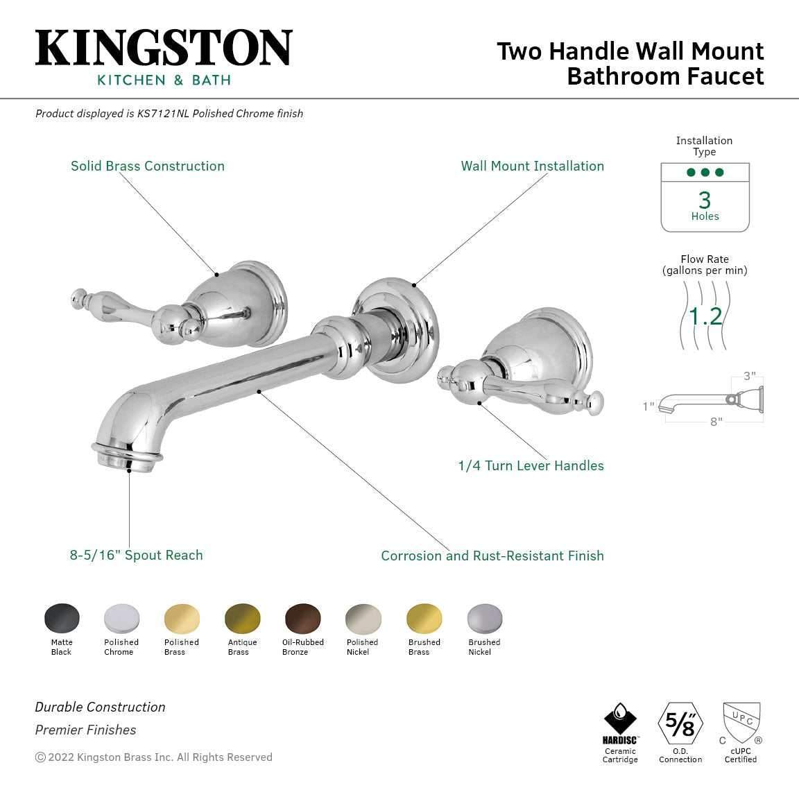 Naples KS7122NL Two-Handle 3-Hole Wall Mount Bathroom Faucet, Polished Brass