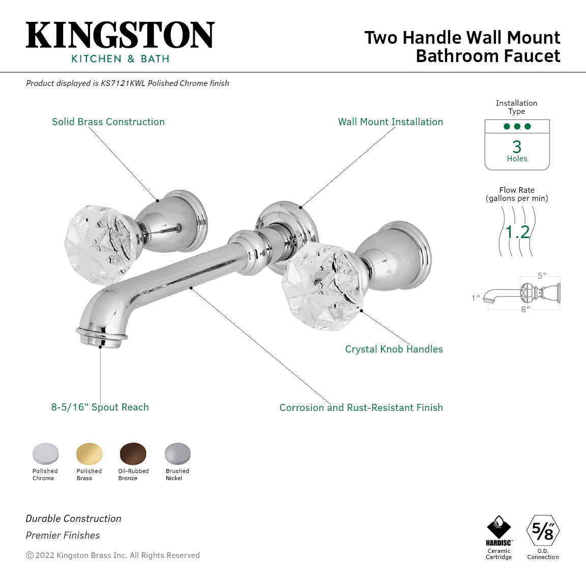 Krystal Onyx KS7125KWL Two-Handle 3-Hole Wall Mount Bathroom Faucet, Oil Rubbed Bronze