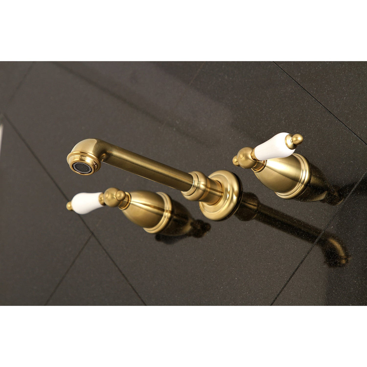 English Country KS7127PL Two-Handle 3-Hole Wall Mount Bathroom Faucet, Brushed Brass
