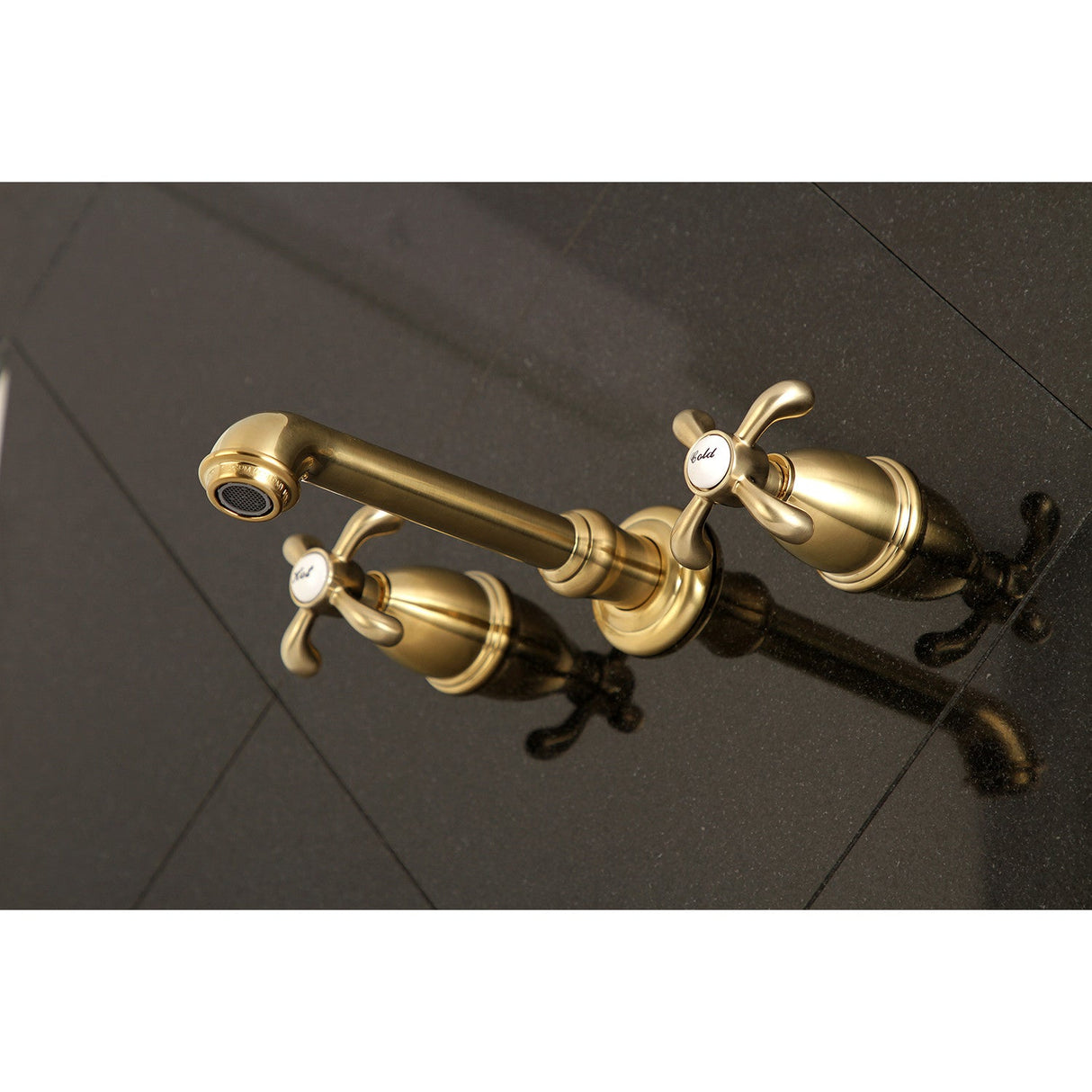 French Country KS7127TX Two-Handle 3-Hole Wall Mount Bathroom Faucet, Brushed Brass