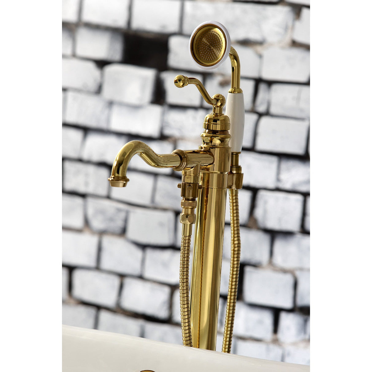 English Country KS7132ABL Single-Handle 1-Hole Freestanding Tub Faucet with Hand Shower, Polished Brass