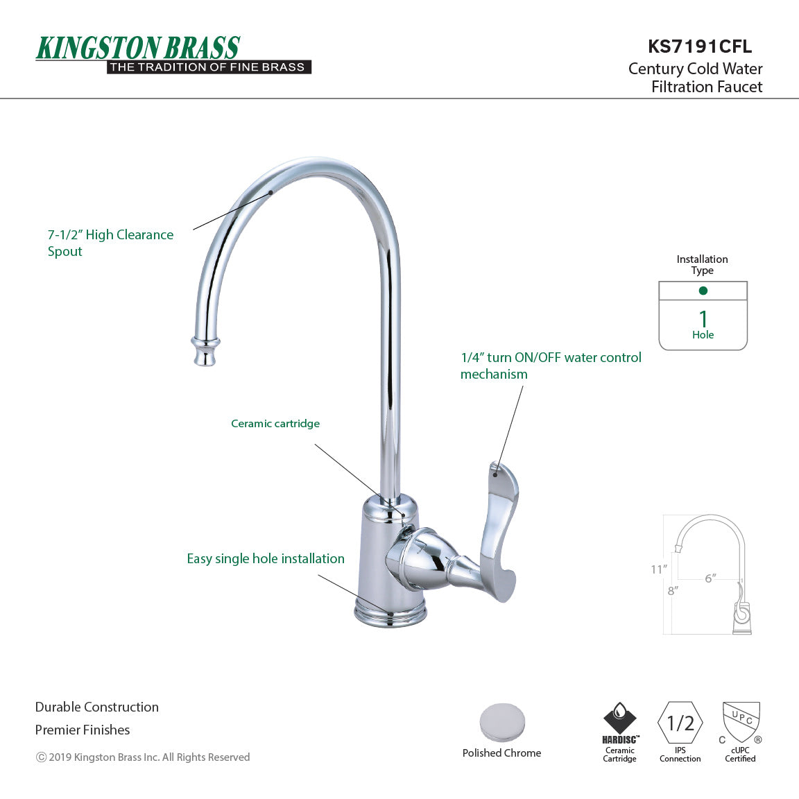 Century KS7191CFL Single-Handle 1-Hole Deck Mount Water Filtration Faucet, Polished Chrome