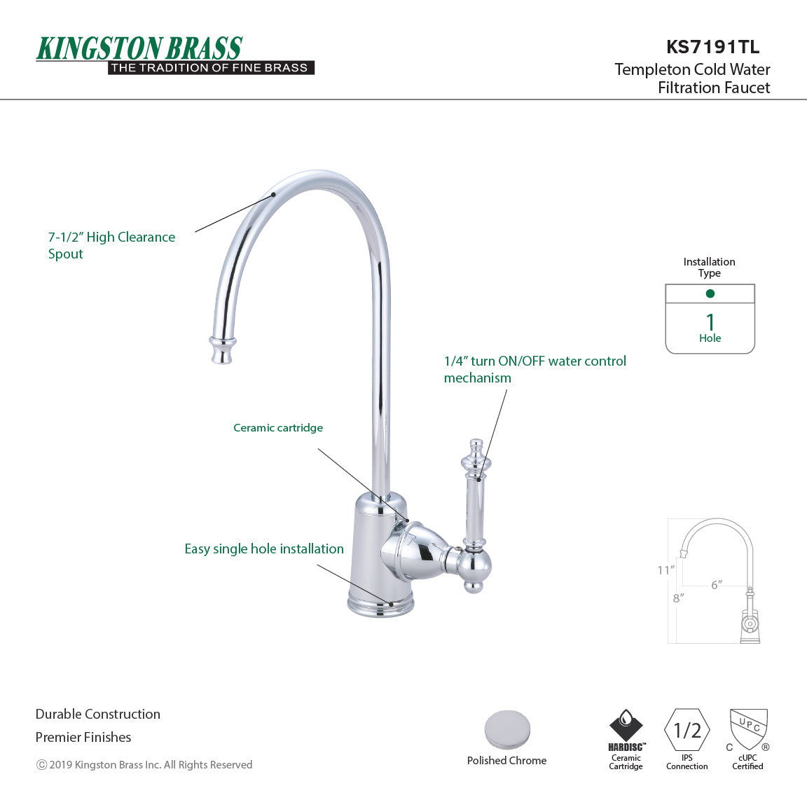 Templeton KS7191TL Single-Handle 1-Hole Deck Mount Water Filtration Faucet, Polished Chrome