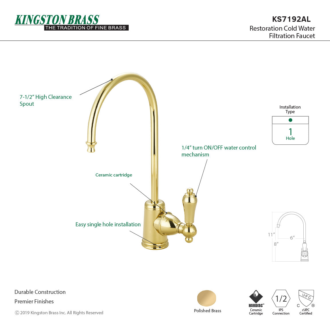 Restoration KS7192AL Single-Handle 1-Hole Deck Mount Water Filtration Faucet, Polished Brass