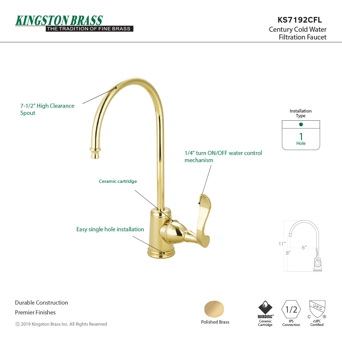 Century KS7192CFL Single-Handle 1-Hole Deck Mount Water Filtration Faucet, Polished Brass