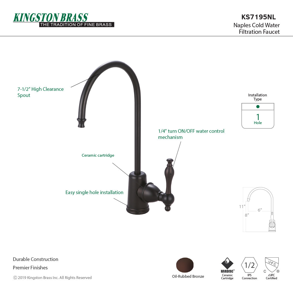 Naples KS7195NL Single-Handle 1-Hole Deck Mount Water Filtration Faucet, Oil Rubbed Bronze