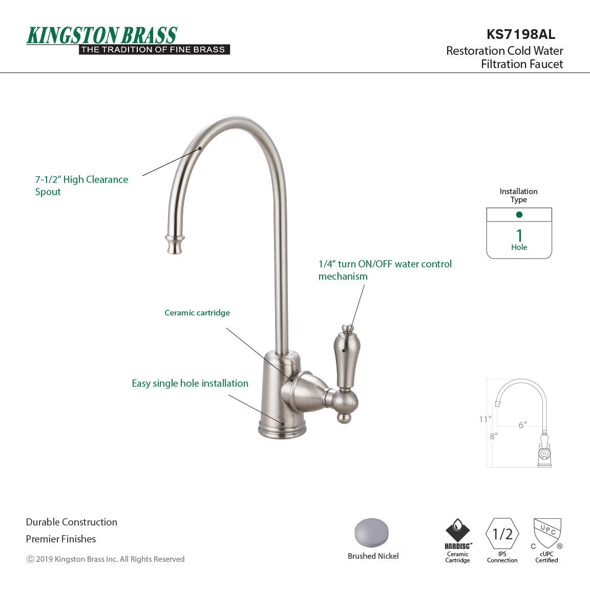 Restoration KS7198AL Single-Handle 1-Hole Deck Mount Water Filtration Faucet, Brushed Nickel