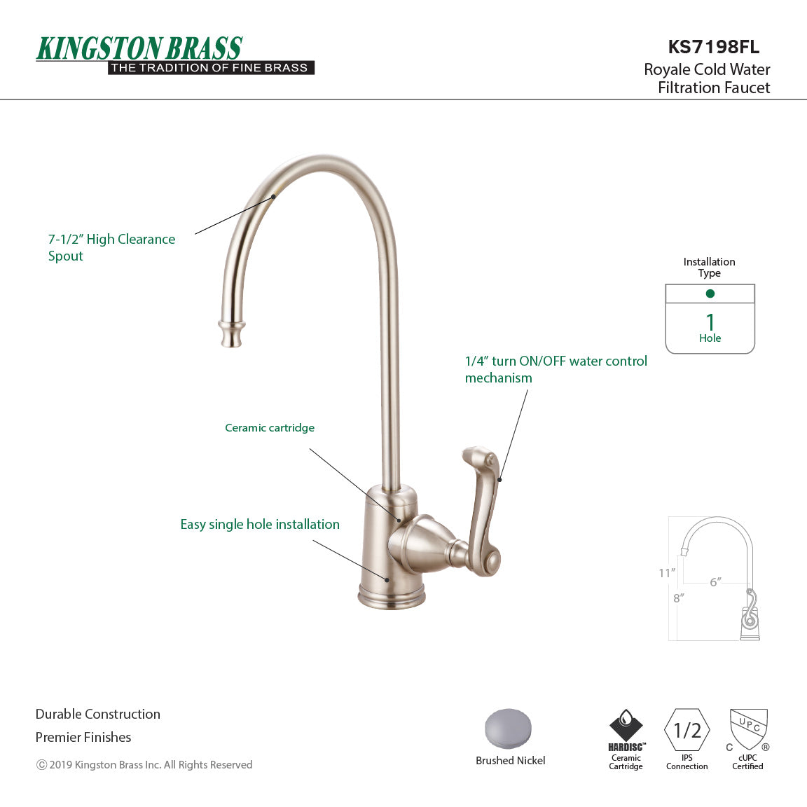 Royale KS7198FL Single-Handle 1-Hole Deck Mount Water Filtration Faucet, Brushed Nickel