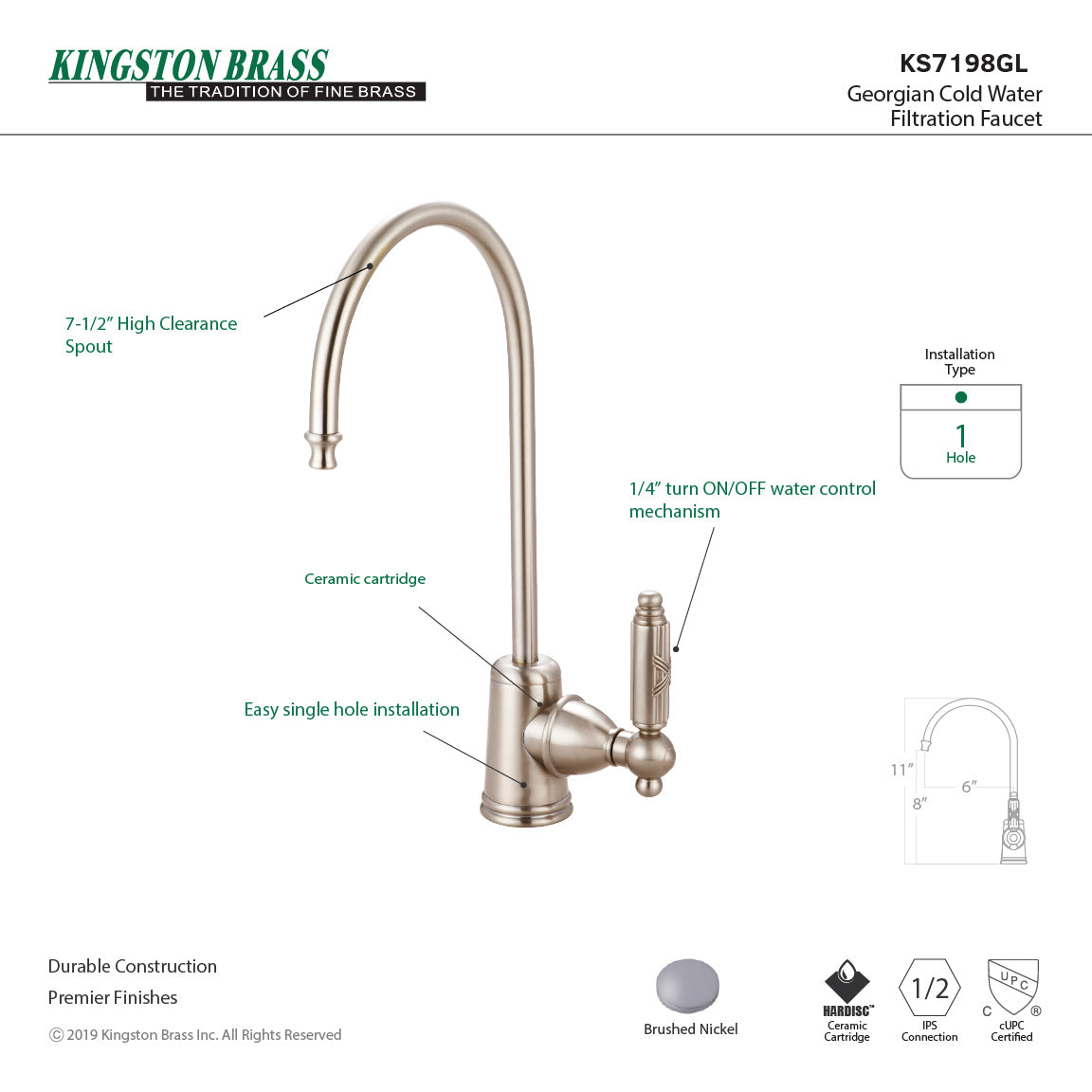 Georgian KS7198GL Single-Handle 1-Hole Deck Mount Water Filtration Faucet, Brushed Nickel