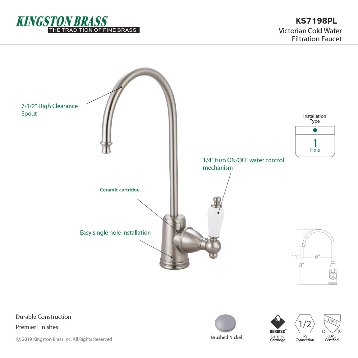 Victorian KS7198PL Single-Handle 1-Hole Deck Mount Water Filtration Faucet, Brushed Nickel