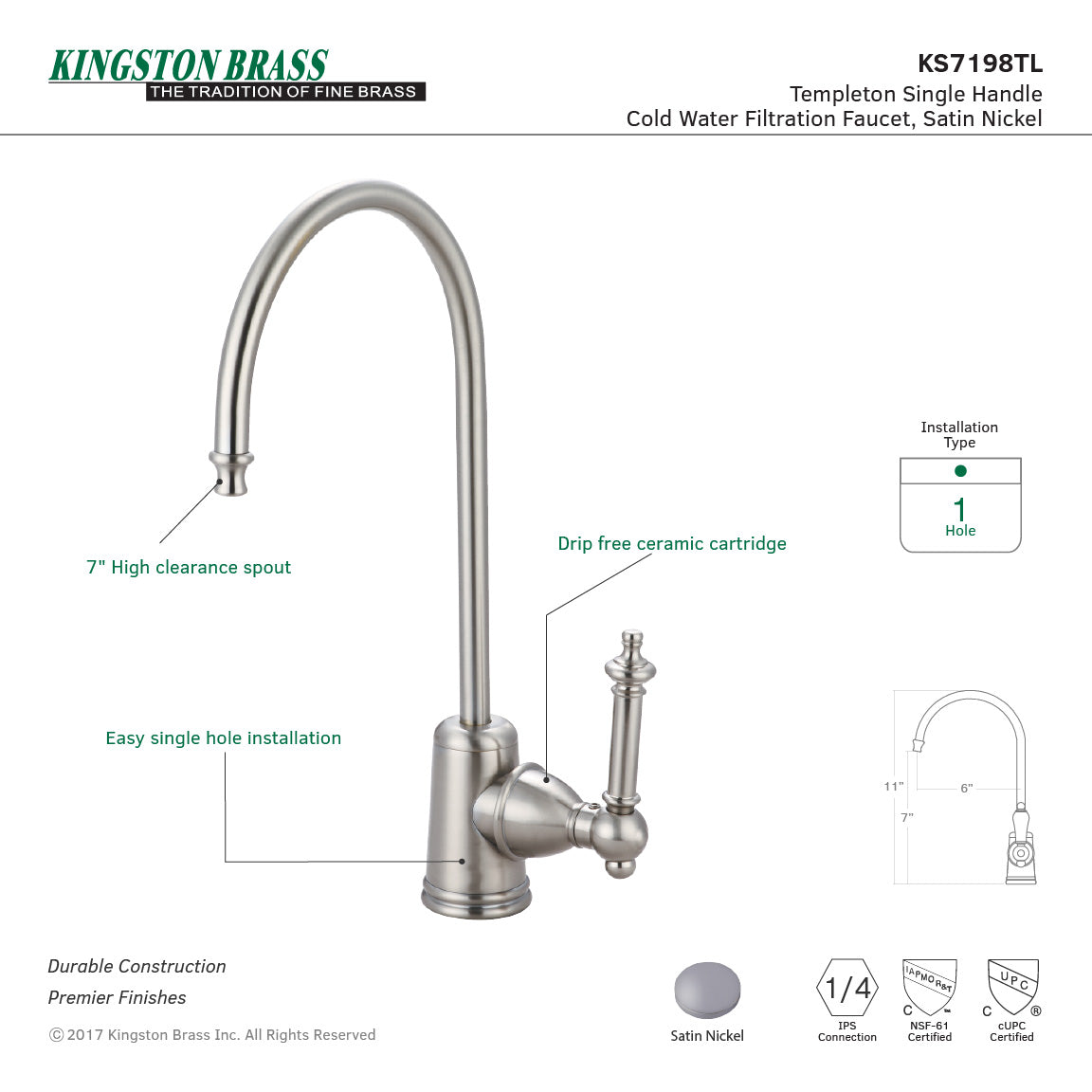 Templeton KS7198TL Single-Handle 1-Hole Deck Mount Water Filtration Faucet, Brushed Nickel